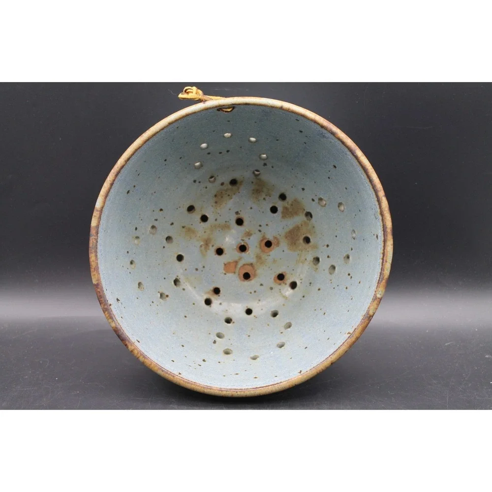 Signed Studio Pottery Berry Bowl Colander Blue Speckled Glaze 9.5in Handmade